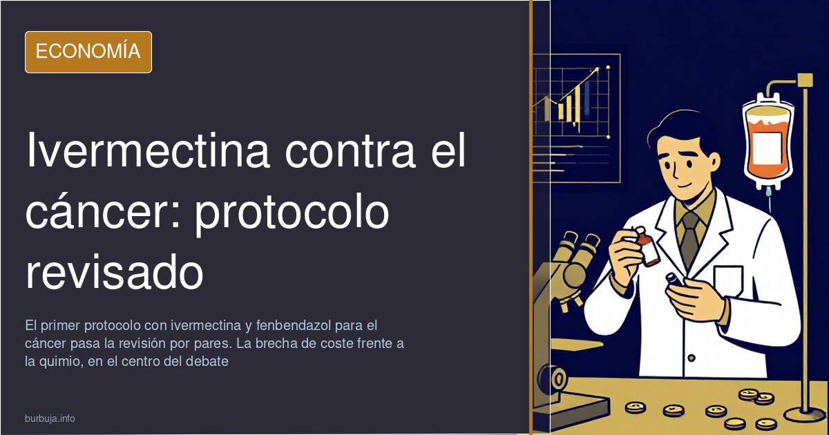 Ilustración editorial de una caja de medicamento genérico junto a gráficos financieros y monedas que representan el coste del