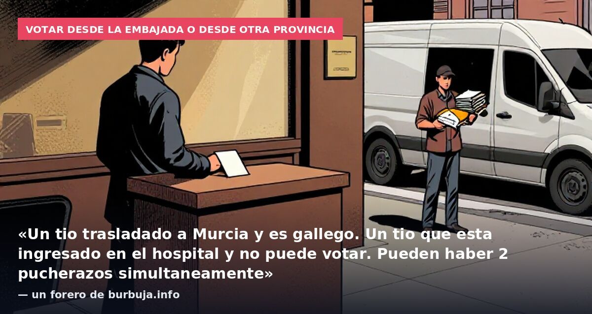 Votar desde la embajada o desde otra provincia: «Un tio trasladado a Murcia y es gallego. Un tio que esta ingresado en el hospital y no puede votar. Pueden haber 2 pucherazos simultaneamente» — un forero de burbuja.info