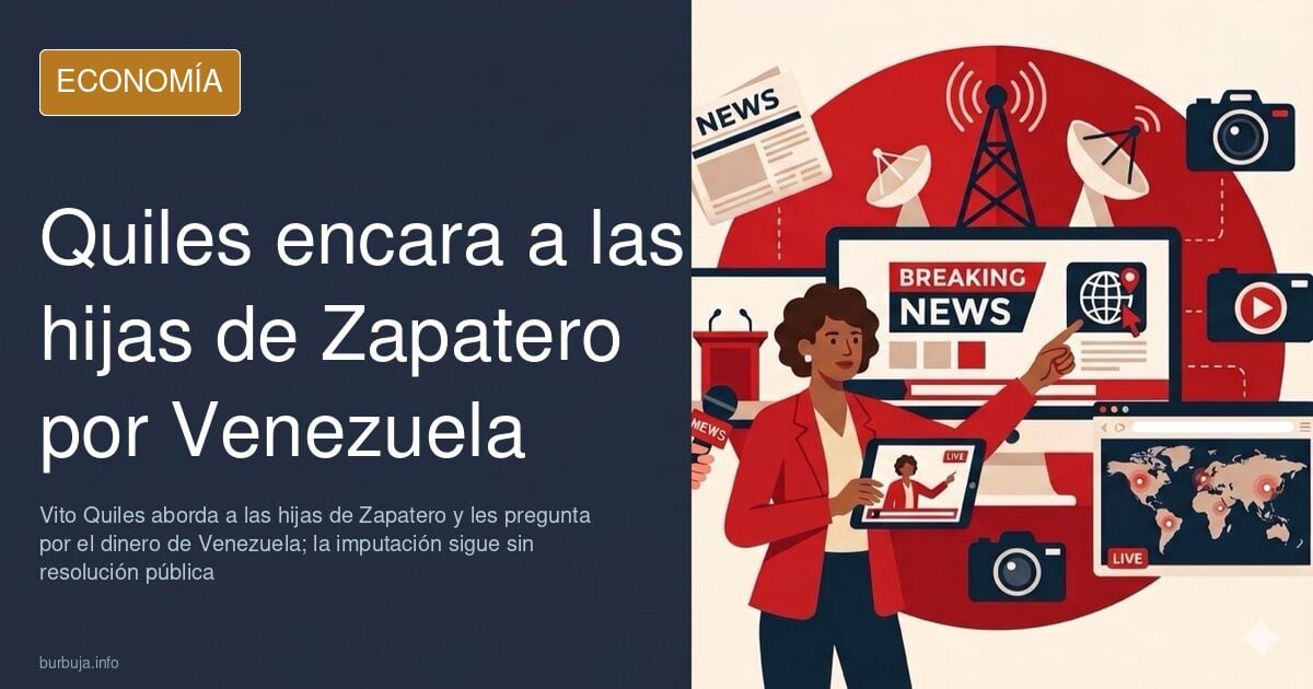 Figura con micrófono abordando a dos personas en la calle, con gráficos y monedas al fondo, por el dinero de Venezuela