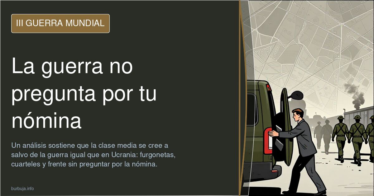 Ilustración de una furgoneta de reclutamiento y humo lejano sobre el mapa de Ucrania, en el marco del debate sobre una guerra