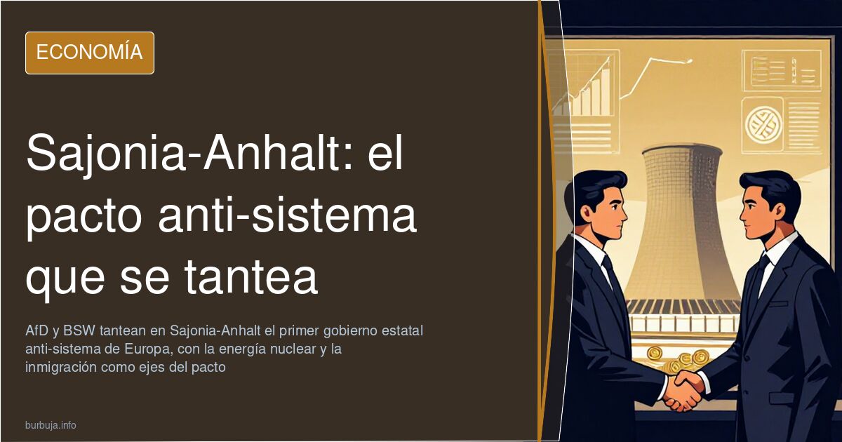 Ilustración editorial del posible pacto entre AfD y BSW en Sajonia-Anhalt con gráficos y símbolos de energía en azul marino y