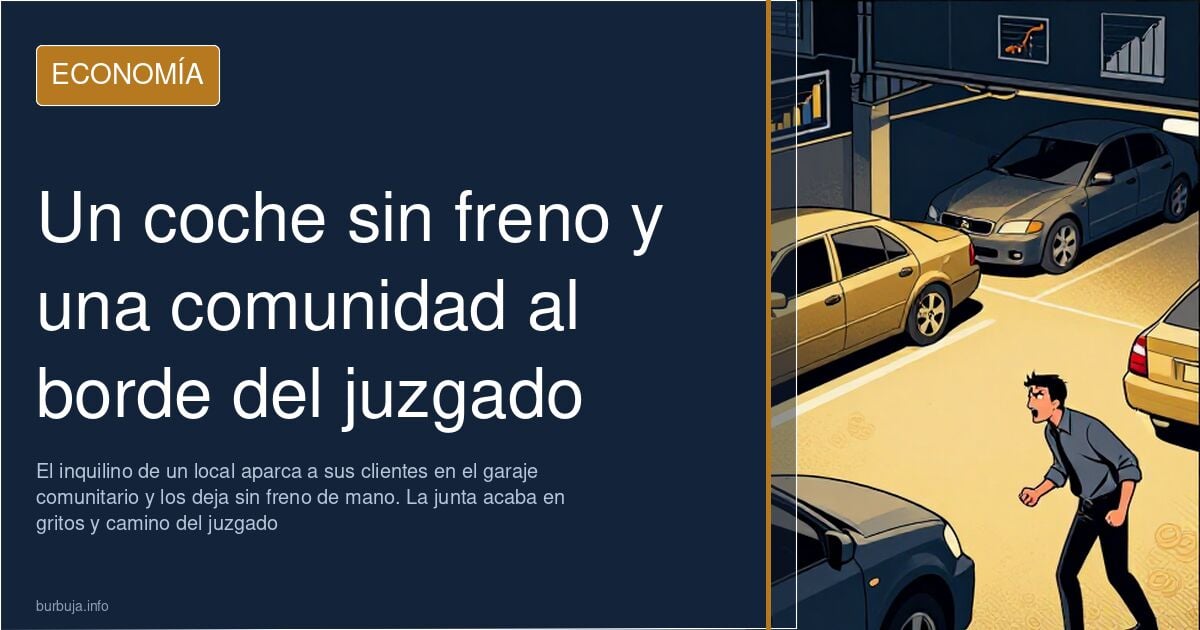 Garaje comunitario con coches mal estacionados en una rampa con pendiente, ilustración editorial sobre conflicto vecinal