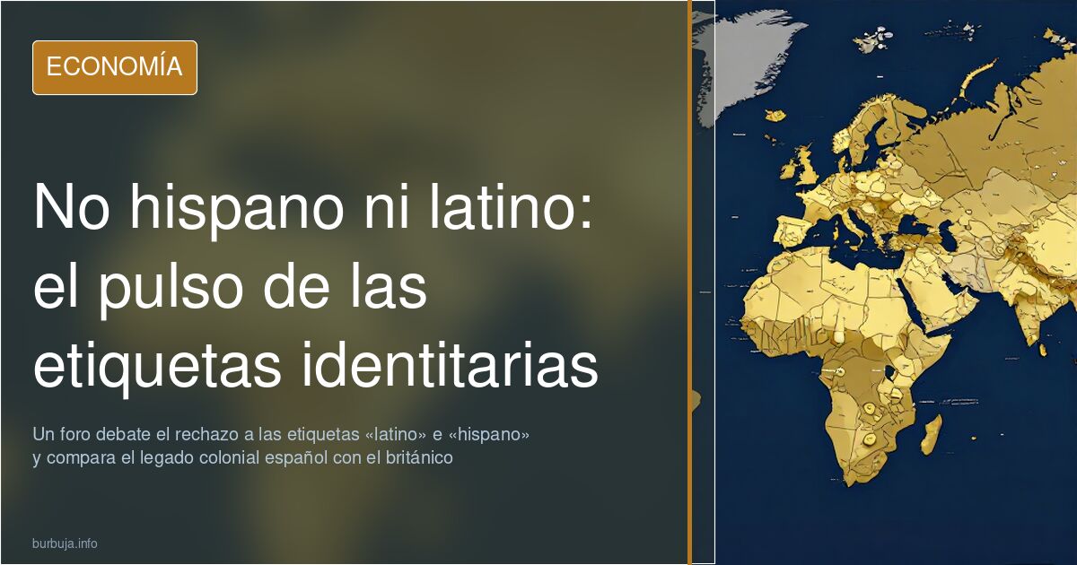 Ilustración editorial con gráficos y monedas sobre el debate de identidad hispana y latinoamericana