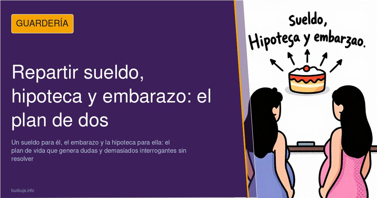 Ilustración de una pareja dibujando en una pizarra un reparto de cargas: sueldo, hipoteca y embarazo