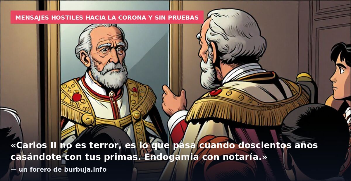 Mensajes hostiles hacia la Corona y sin pruebas: «Carlos II no es terror, es lo que pasa cuando doscientos años casándote con tus primas. Endogamia con notaría.» — un forero de burbuja.info