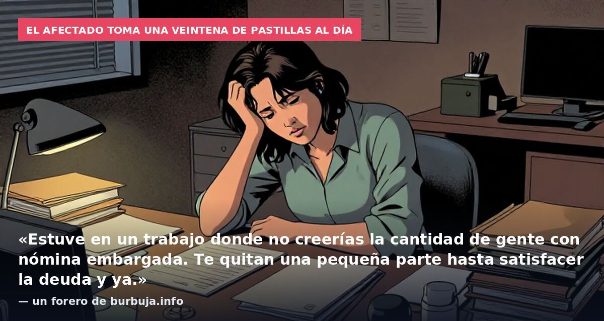 El afectado toma una veintena de pastillas al día: «Estuve en un trabajo donde no creerías la cantidad de gente con nómina embargada. Te quitan una pequeña parte hasta satisfacer la deuda y ya.» — un forero de burbuja.info