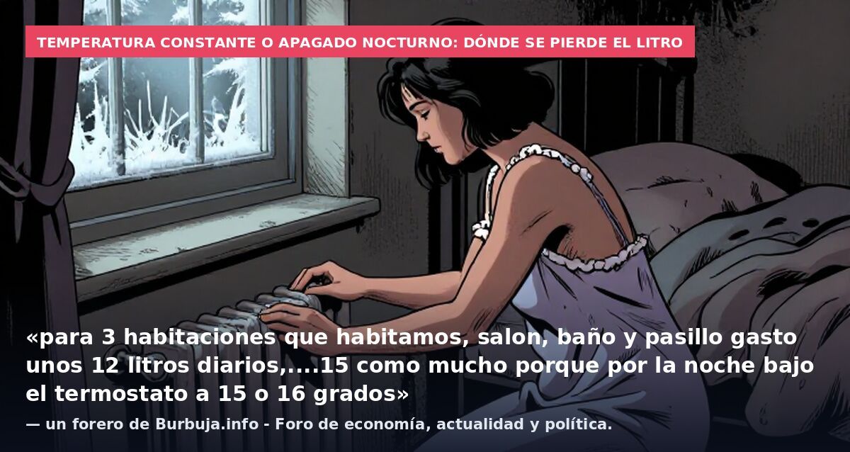 Temperatura constante o apagado nocturno: dónde se pierde el litro: «para 3 habitaciones que habitamos, salon, baño y pasillo gasto unos 12 litros diarios,....15 como mucho porque por la noche bajo el termostato a 15 o 16 grados» — un forero de Burbu