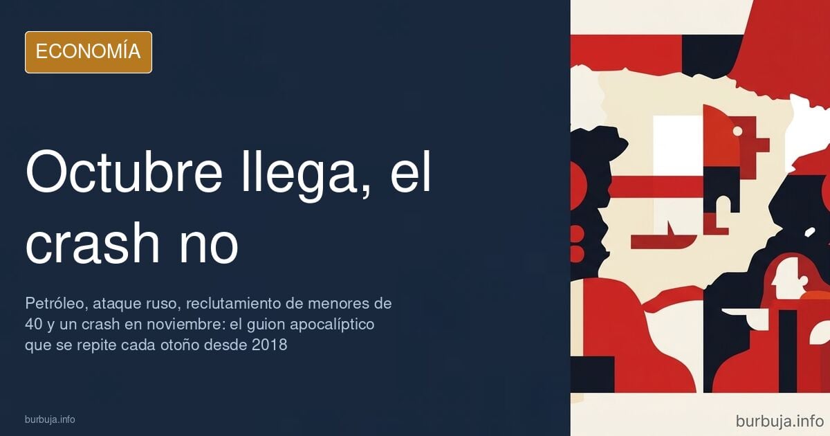 Ilustración editorial de un gráfico bursátil en caída junto a latas de conserva apiladas y un calendario marcando octubre