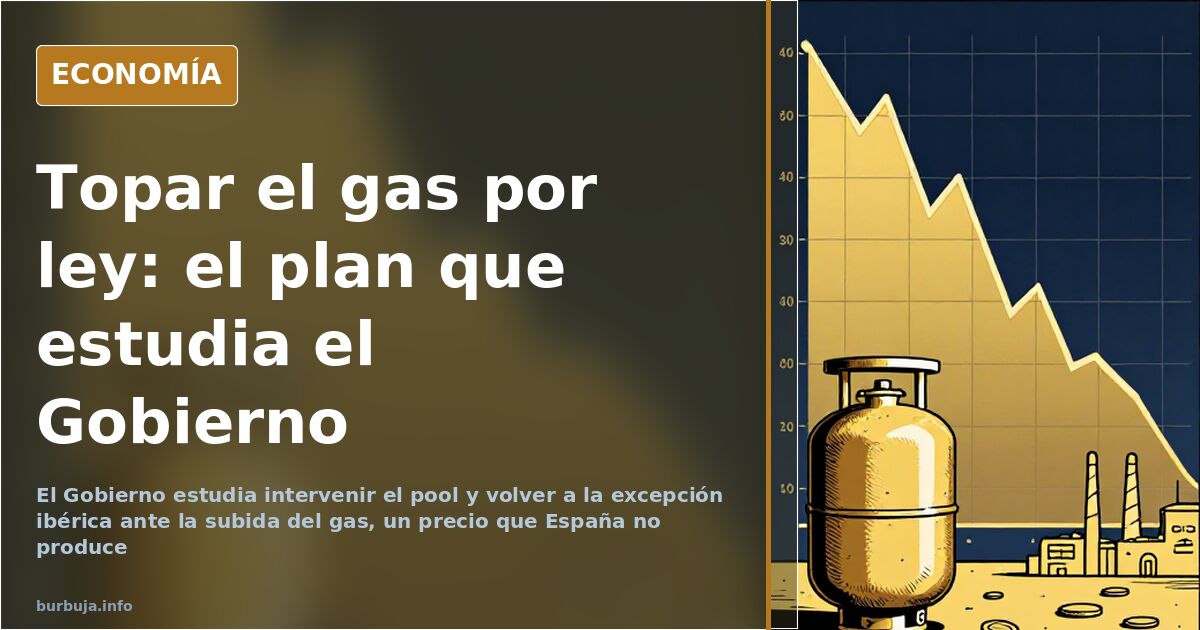 Ilustración editorial con gráficos y una factura energética junto a una tubería de gas, en azul marino y dorado