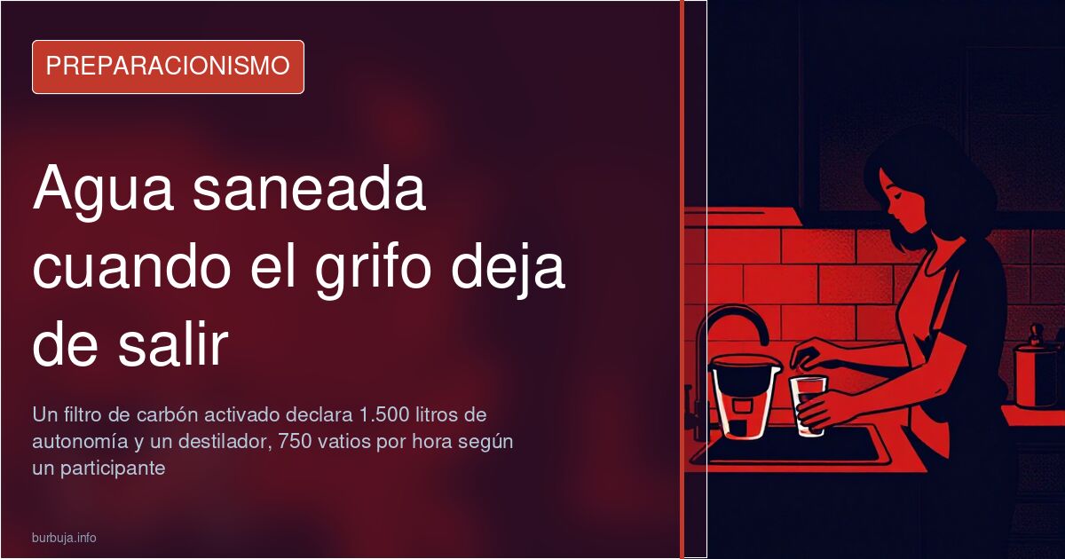 Garrafas de agua potable almacenadas junto a filtros cerámicos por gravedad para garantizar agua saneada en una emergencia