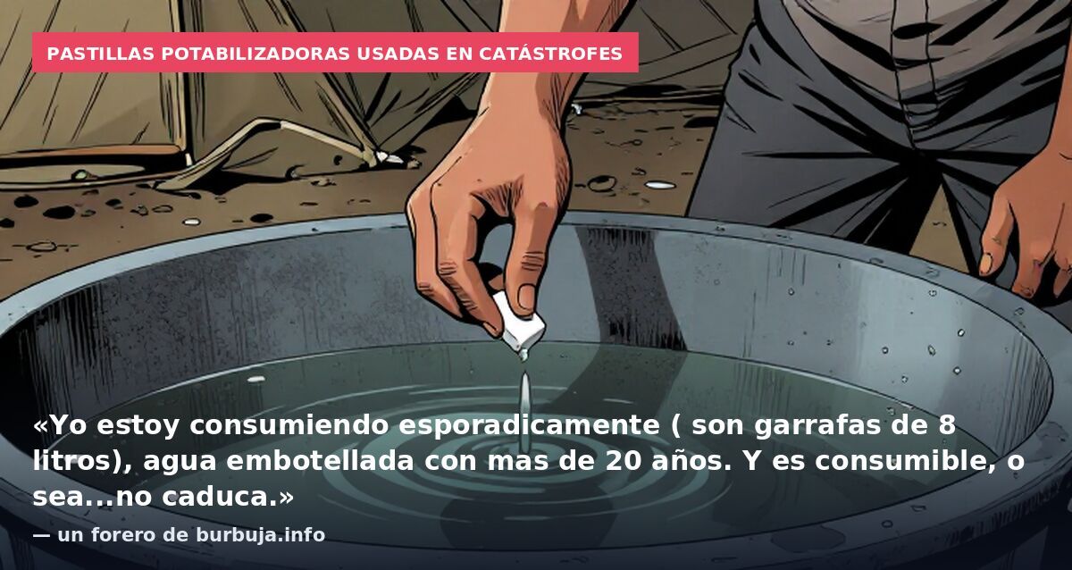 Pastillas potabilizadoras usadas en catástrofes: «Yo estoy consumiendo esporadicamente ( son garrafas de 8 litros), agua embotellada con mas de 20 años. Y es consumible, o sea...no caduca.» — un forero de burbuja.info