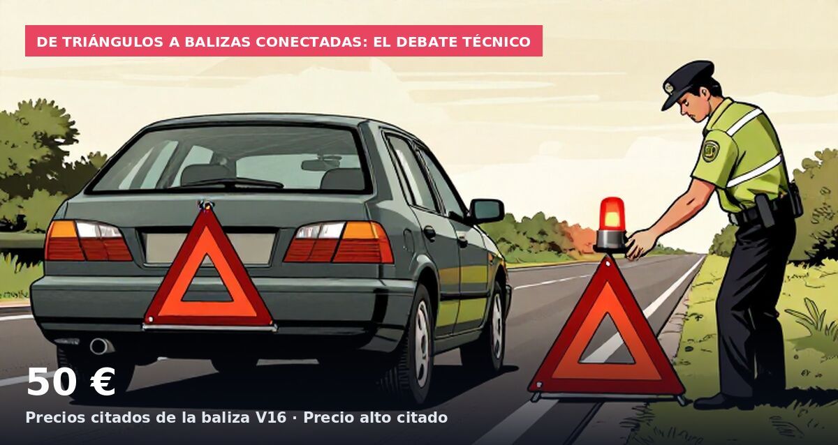 De triángulos a balizas conectadas: el debate técnico: 50 € Precios citados de la baliza V16 · Precio alto citado