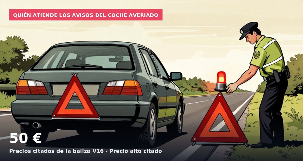 Quién atiende los avisos del coche averiado: 50 € Precios citados de la baliza V16 · Precio alto citado