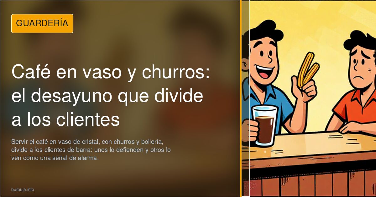 Escena de un bar español con barra de mármol negro, café en vaso de cristal, churros y suelo lleno de servilletas