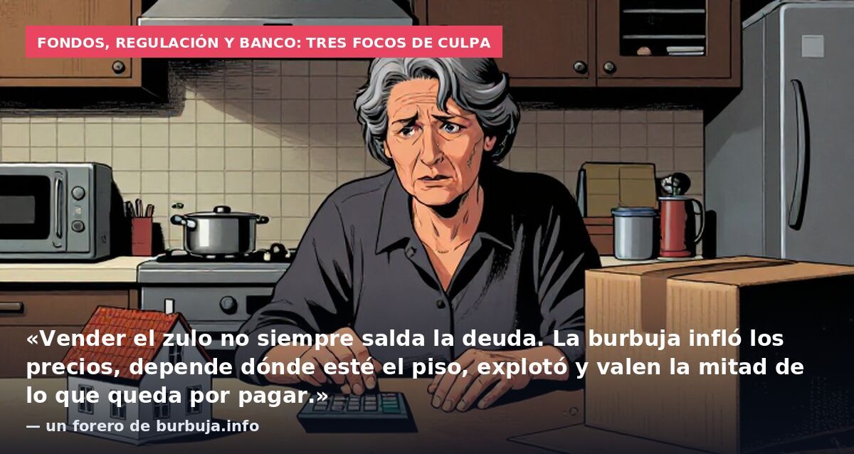 Fondos, regulación y banco: tres focos de culpa: «Vender el zulo no siempre salda la deuda. La burbuja infló los precios, depende dónde esté el piso, explotó y valen la mitad de lo que queda por pagar.» — un forero de burbuja.info