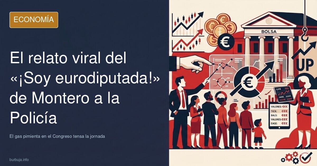 Ilustración editorial de una figura pública invocando su cargo ante un agente con gráficos económicos y sillones de fondo