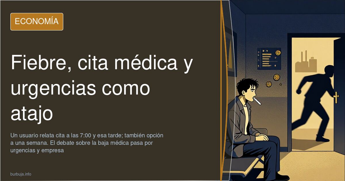 Ilustración editorial de un reloj junto a un parte de baja médica sobre fondo azul marino y dorado, con gráficos al fondo
