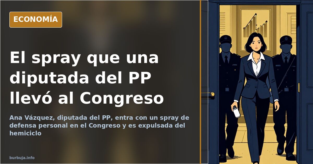 Ilustración editorial de un spray de defensa personal y un hemiciclo vacío en azul marino y dorado