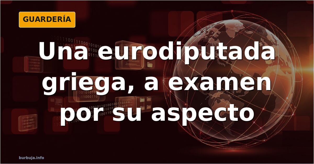 Caricatura de una eurodiputada griega ante micrófonos, con cámaras que apuntan a su figura y no a su escaño