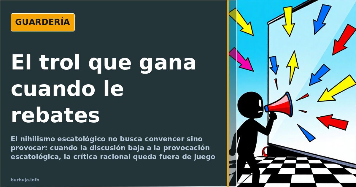 Ilustración de un trol nihilista sobre un cajón rodeado de mensajes y de respuestas indignadas del público