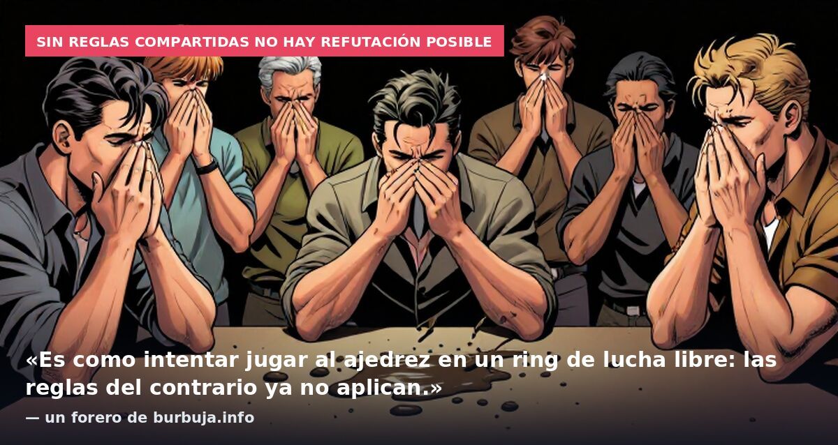 Sin reglas compartidas no hay refutación posible: «Es como intentar jugar al ajedrez en un ring de lucha libre: las reglas del contrario ya no aplican.» — un forero de burbuja.info