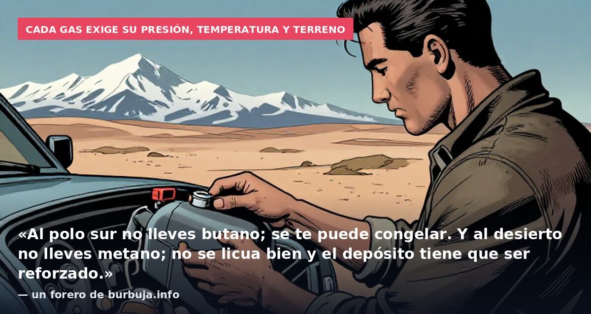 Cada gas exige su presión, temperatura y terreno: «Al polo sur no lleves butano; se te puede congelar. Y al desierto no lleves metano; no se licua bien y el depósito tiene que ser reforzado.» — un forero de burbuja.info