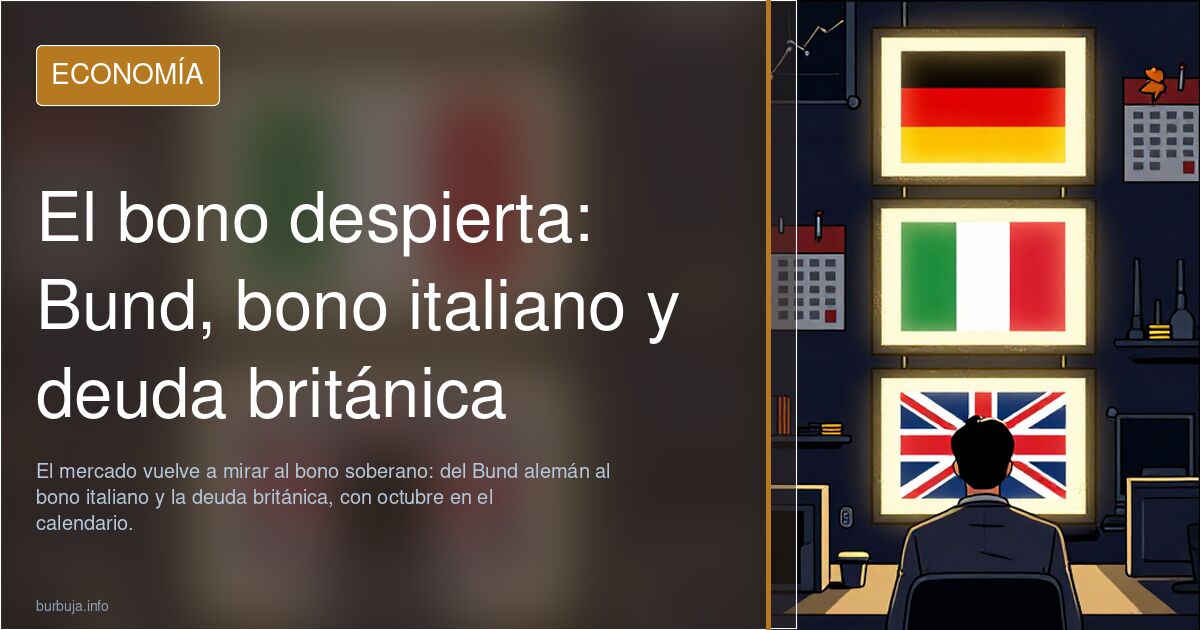 Ilustración de bonos soberanos en azul marino y dorado con el Bund alemán y el bono italiano señalados por flechas