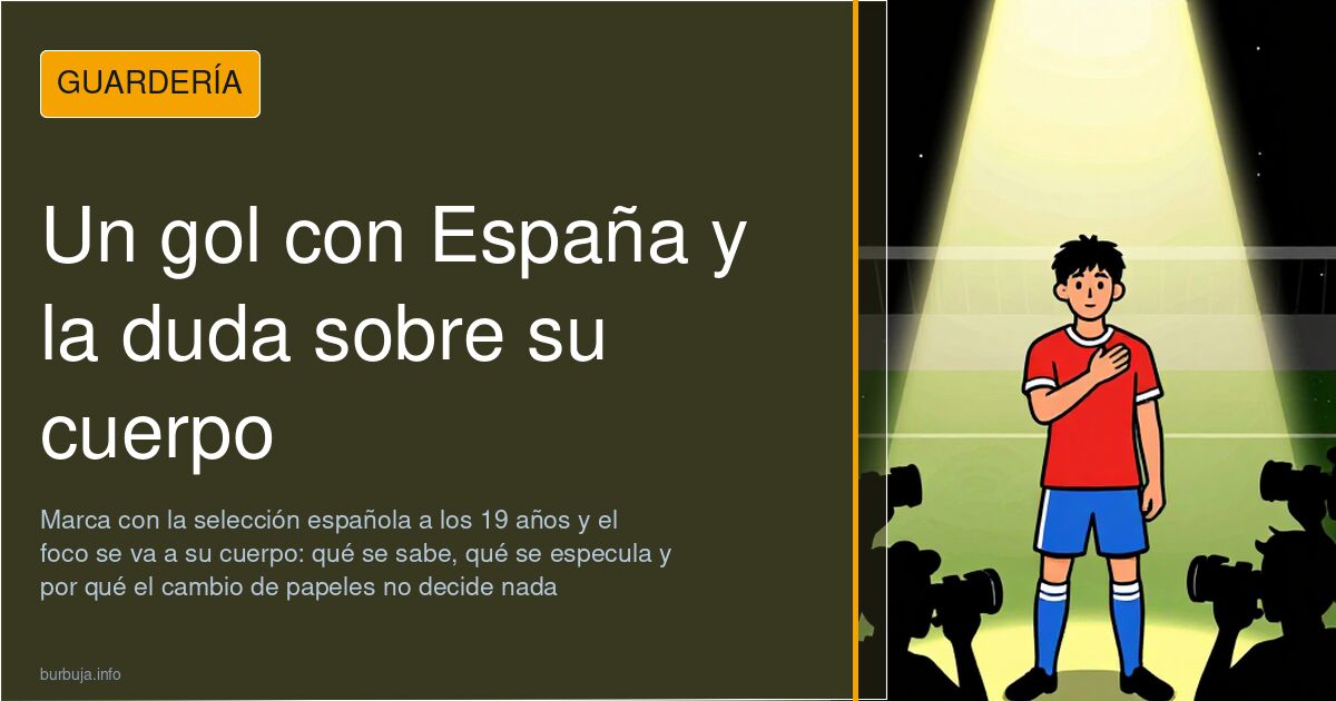 Ilustración de una futbolista de 19 años celebrando un gol bajo focos de estadio mientras la rodean lupas y bocadillos de com