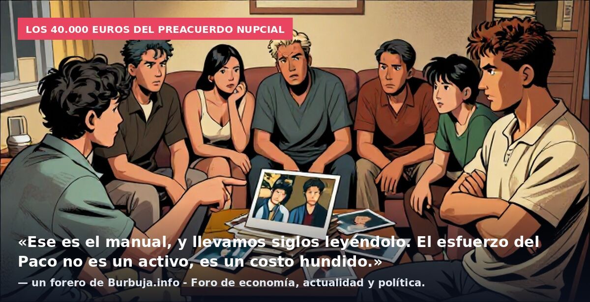 Los 40.000 euros del preacuerdo nupcial: «Ese es el manual, y llevamos siglos leyéndolo. El esfuerzo del Paco no es un activo, es un costo hundido.» — un forero de Burbuja.info - Foro de economía, actualidad y política.