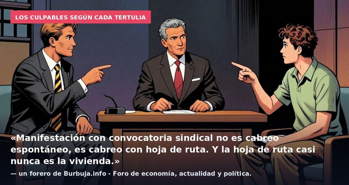 Los culpables según cada tertulia: «Manifestación con convocatoria sindical no es cabreo espontáneo, es cabreo con hoja de ruta. Y la hoja de ruta casi nunca es la vivienda.» — un forero de Burbuja.info - Foro de economía, actualidad y política.