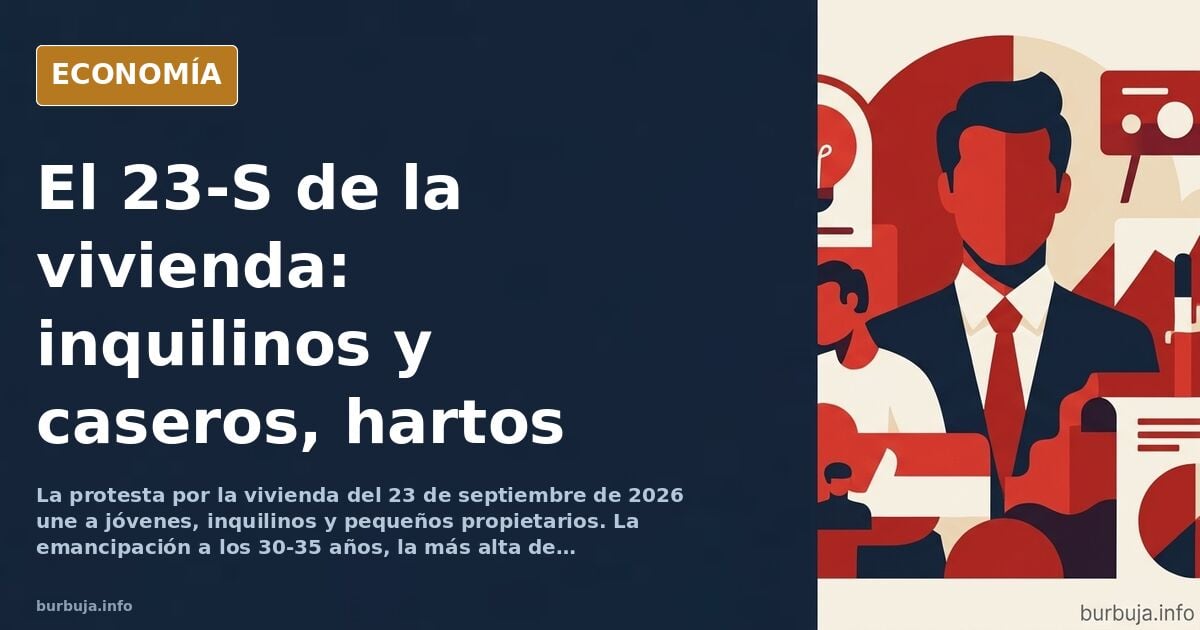 Ilustración editorial de un edificio de viviendas junto a gráficos de precios y una pancarta de protesta por la vivienda