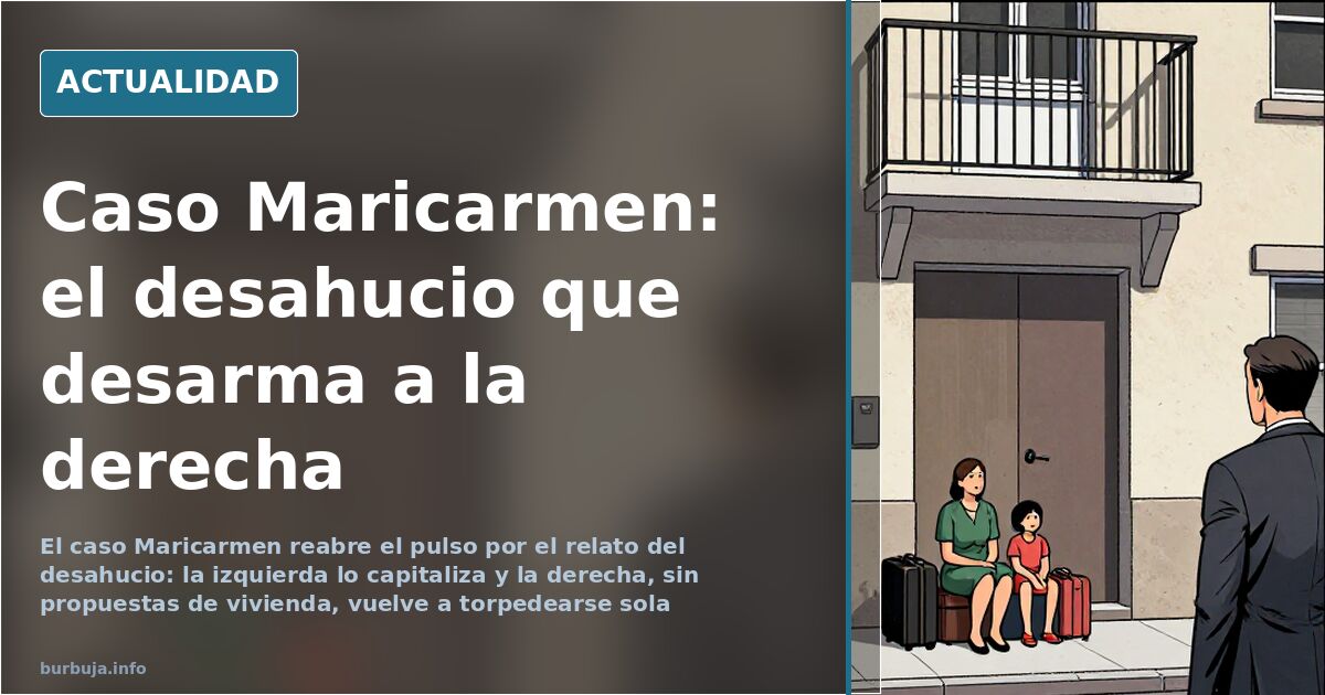 Vista editorial de un edificio de viviendas con fachada desahucio y una pancarta de protesta vecinal frente al portal