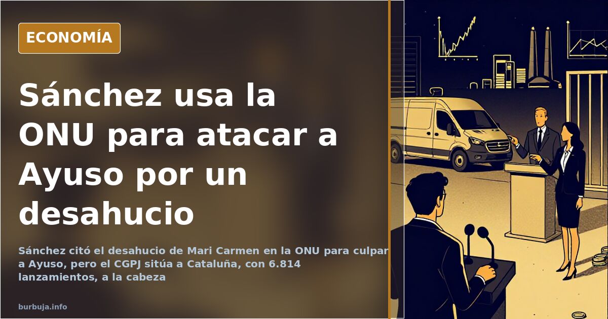Ilustración editorial de gráficos y edificios con cifras de desahucios comparando Cataluña y Madrid en el caso Mari Carmen