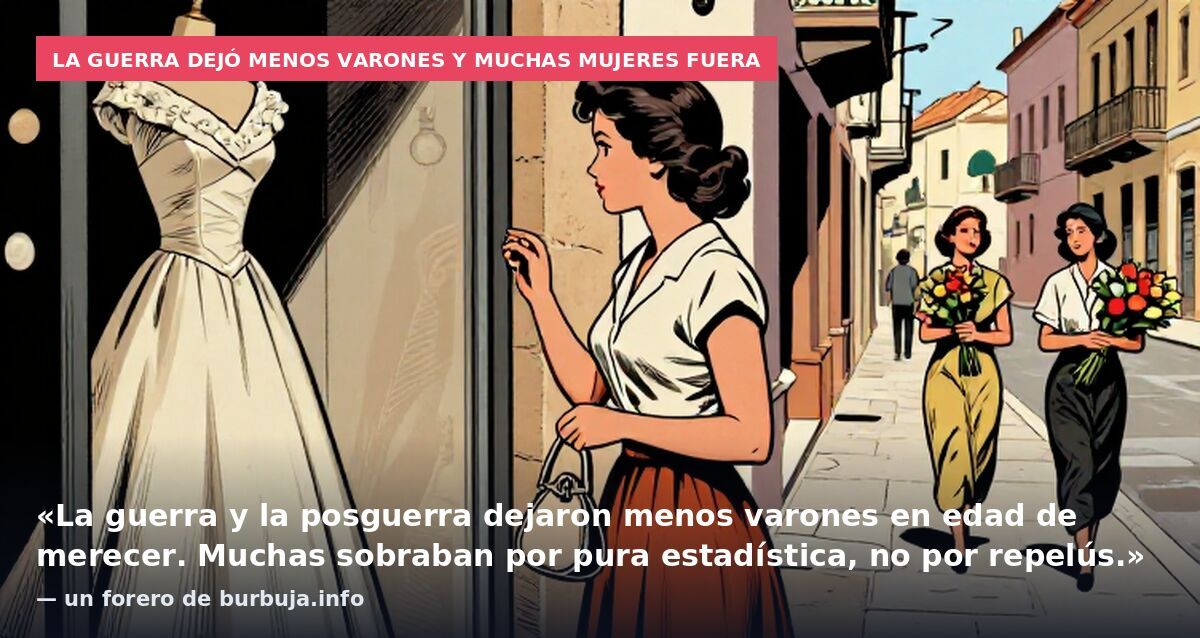 La guerra dejó menos varones y muchas mujeres fuera: «La guerra y la posguerra dejaron menos varones en edad de merecer. Muchas sobraban por pura estadística, no por repelús.» — un forero de burbuja.info