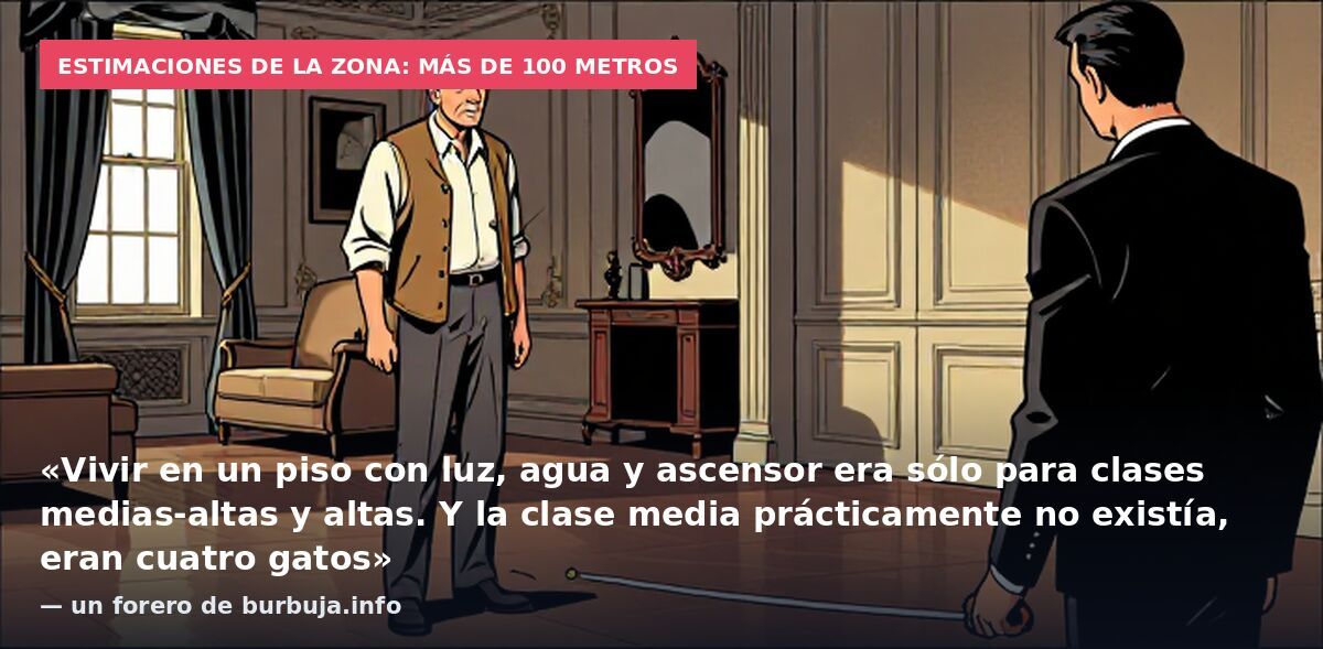 Estimaciones de la zona: más de 100 metros: «Vivir en un piso con luz, agua y ascensor era sólo para clases medias-altas y altas. Y la clase media prácticamente no existía, eran cuatro gatos» — un forero de burbuja.info