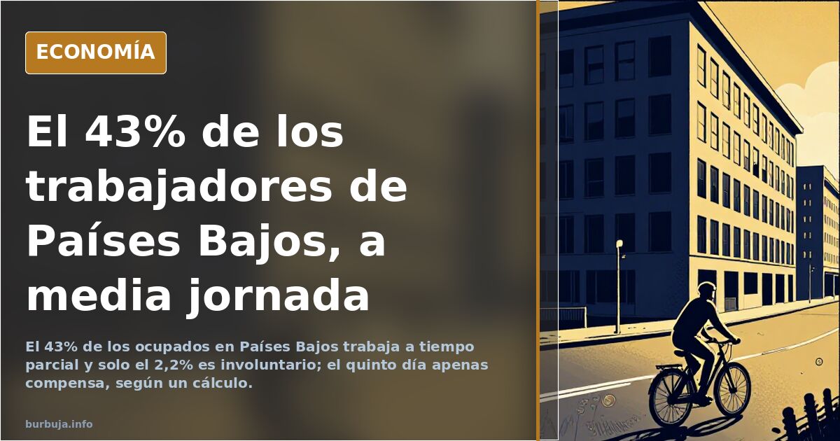 Ilustración editorial en azul marino y dorado con gráficos y monedas sobre el empleo a tiempo parcial en Países Bajos