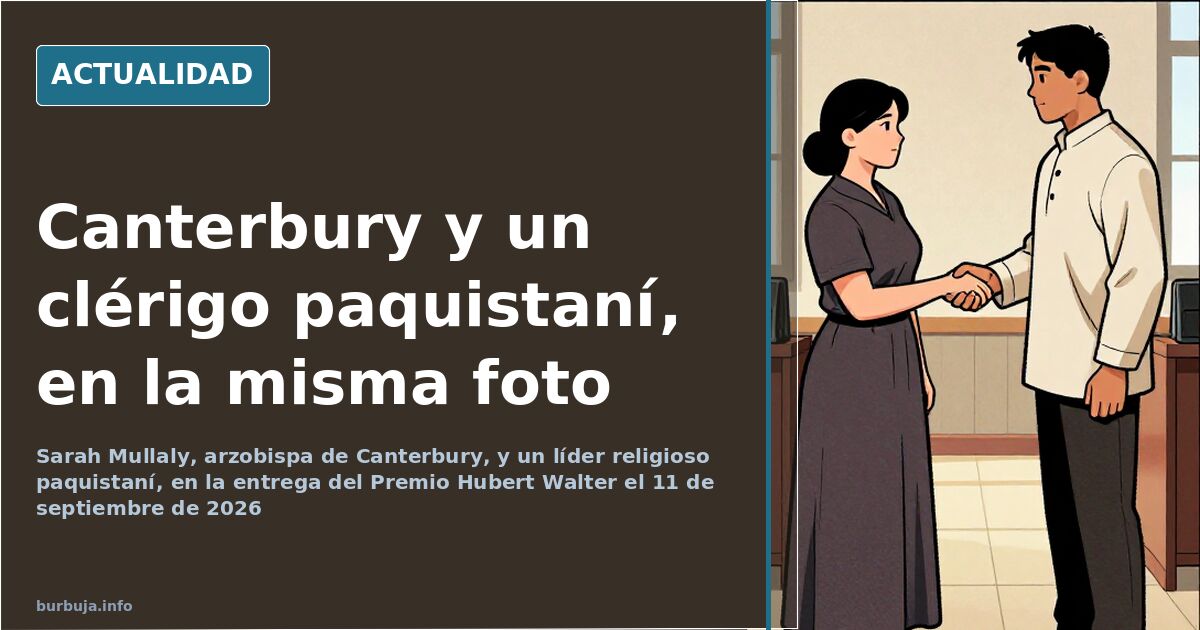 Arzobispa de Canterbury y erudito islámico paquistaní flanqueando a una mujer en la entrega del Premio Hubert Walter