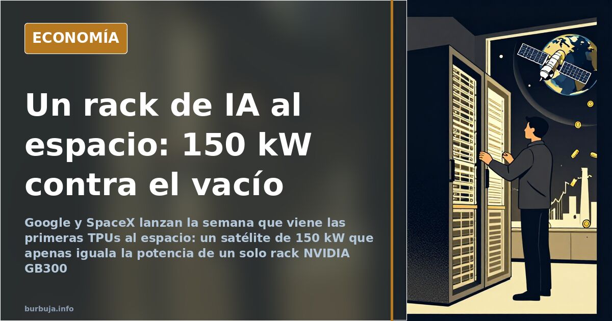 Satélite con paneles solares sobre la Tierra junto a un gráfico de potencia comparando 150 kW orbitales con un rack de servid