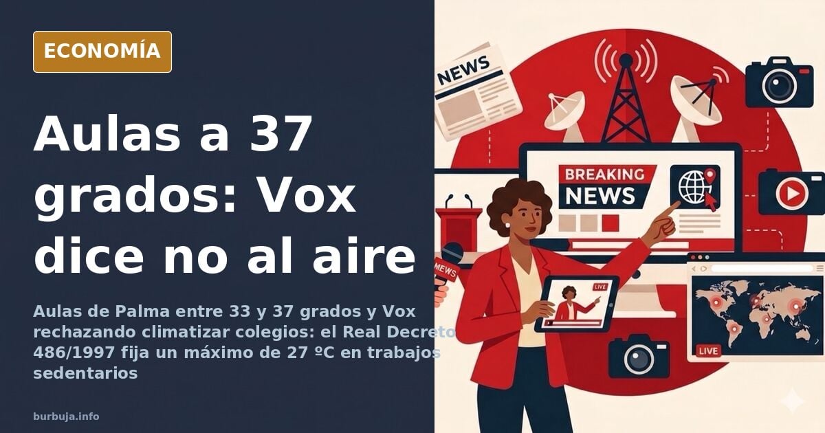 Aula escolar sofocante con termómetro a 37 grados, ilustración editorial sobre la climatización de colegios en Palma