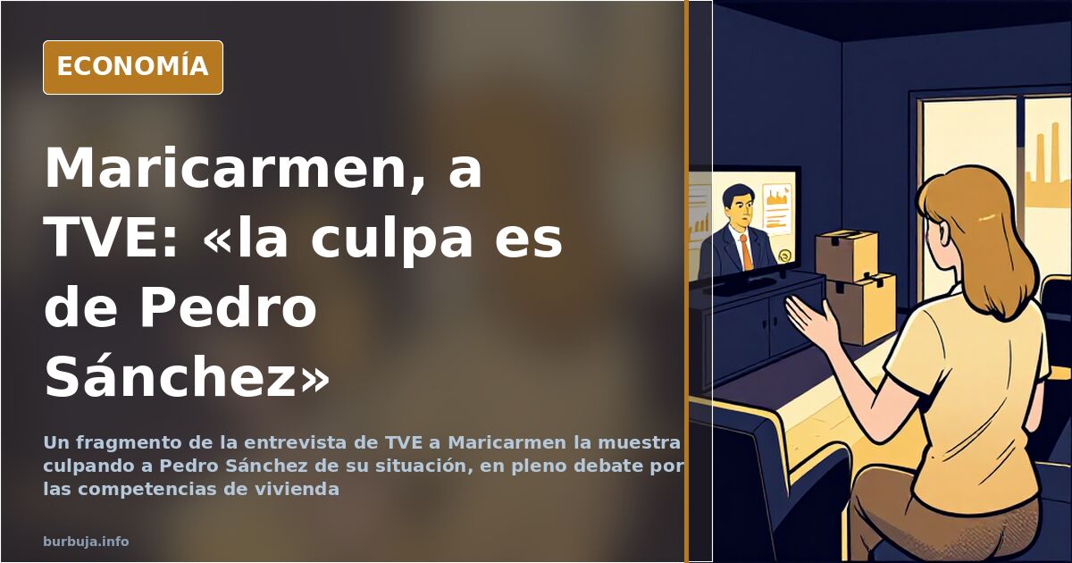 Escena editorial de un plató de televisión con gráficos de precios de vivienda y siluetas de edificios, en tonos azul marino 