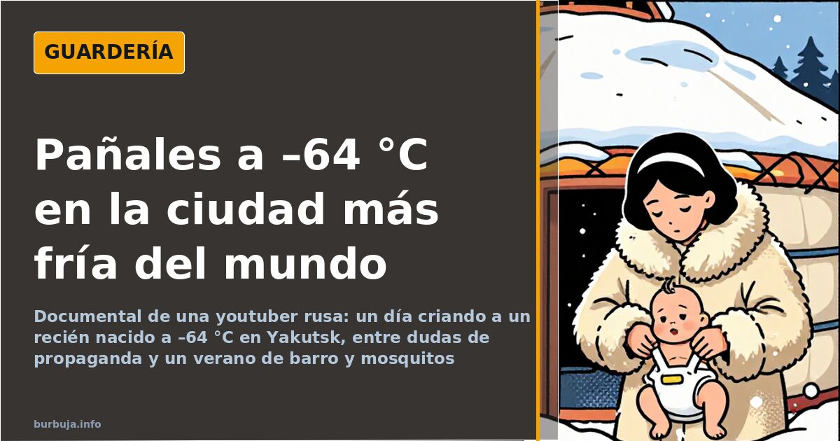 Ilustración de una madre abrigada con su bebé ante una casa nevada en Yakutsk, la ciudad más fría del mundo