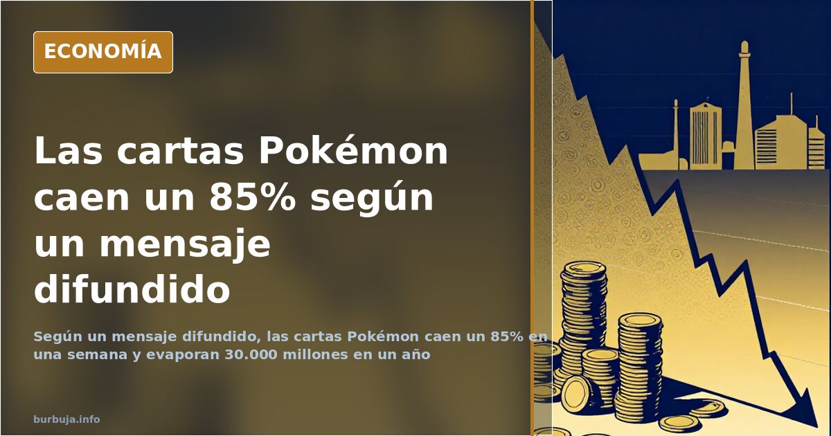 Gráfico en picado junto a pilas de cartas Pokémon y sobres precintados en una ilustración editorial en azul marino y dorado