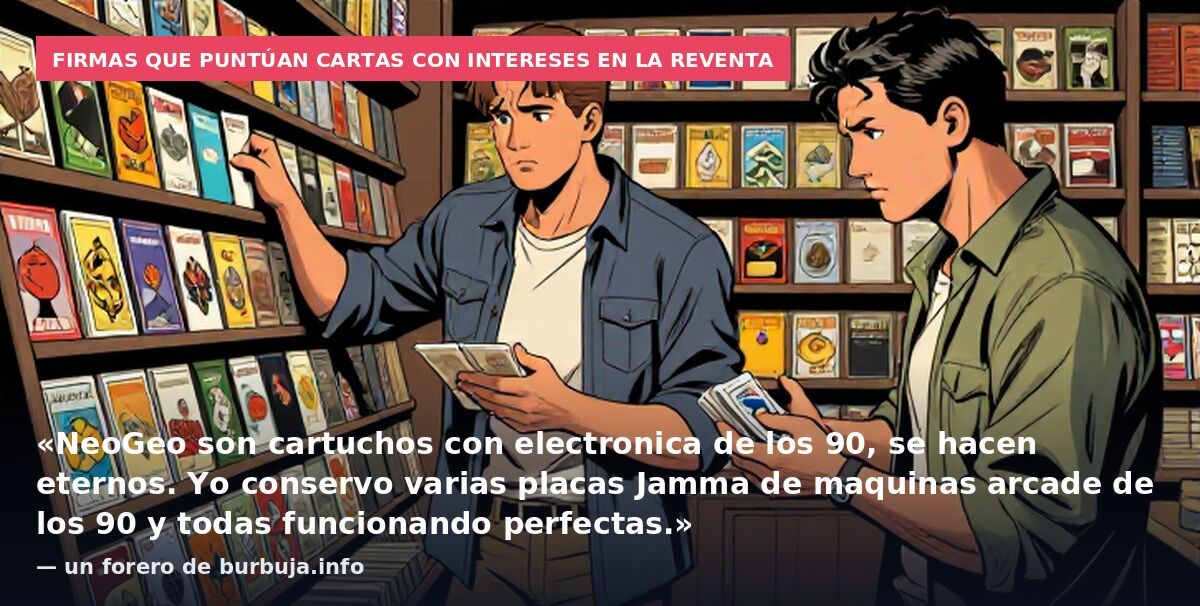 Firmas que puntúan cartas con intereses en la reventa: «NeoGeo son cartuchos con electronica de los 90, se hacen eternos. Yo conservo varias placas Jamma de maquinas arcade de los 90 y todas funcionando perfectas.» — un forero de burbuja.info