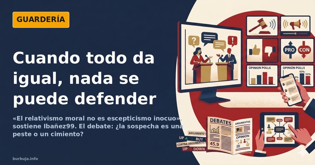 Ilustración de un edificio clásico resquebrajándose bajo una nube de signos de interrogación, metáfora de la tesis debatida s