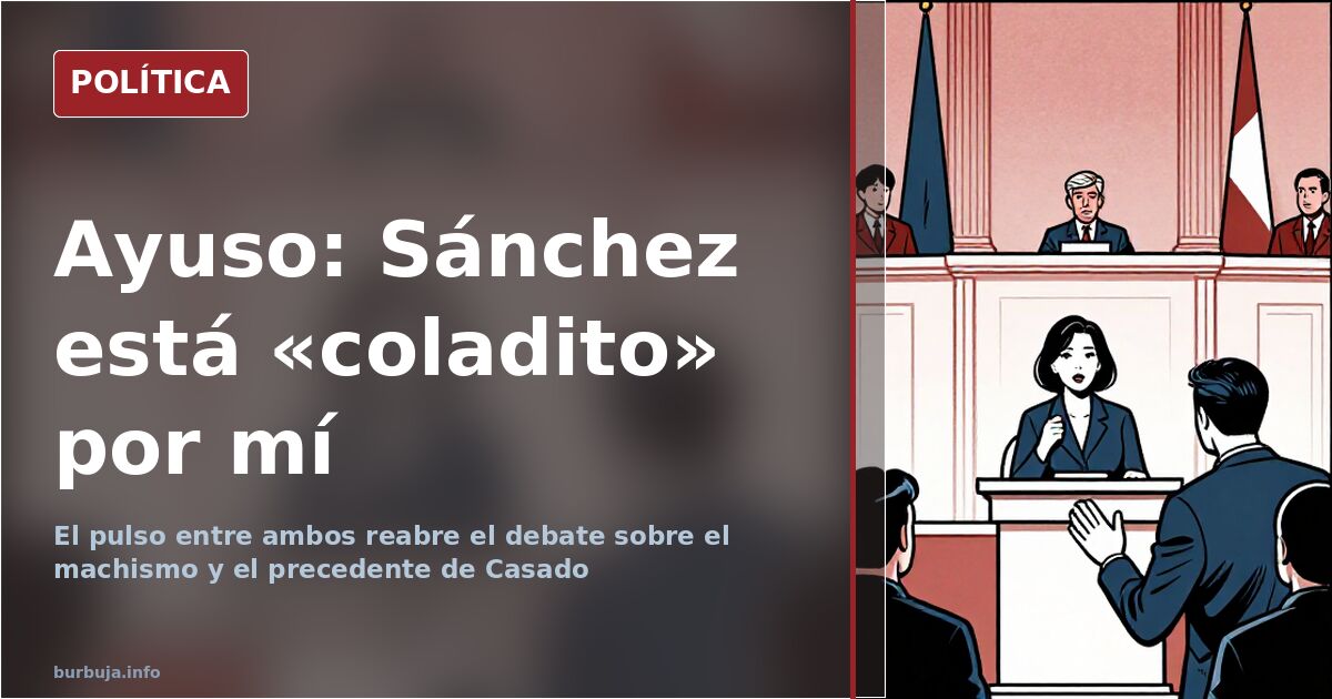 Caricatura editorial de Isabel Díaz Ayuso y Pedro Sánchez frente a frente en dos atriles con banderas de Madrid y España