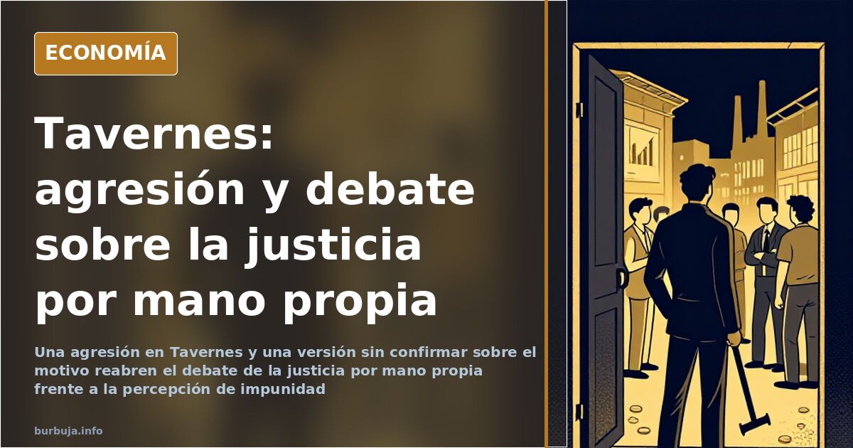 Ilustración editorial con una balanza de la justicia inclinada frente a las siluetas de una multitud reunida en la plaza de u