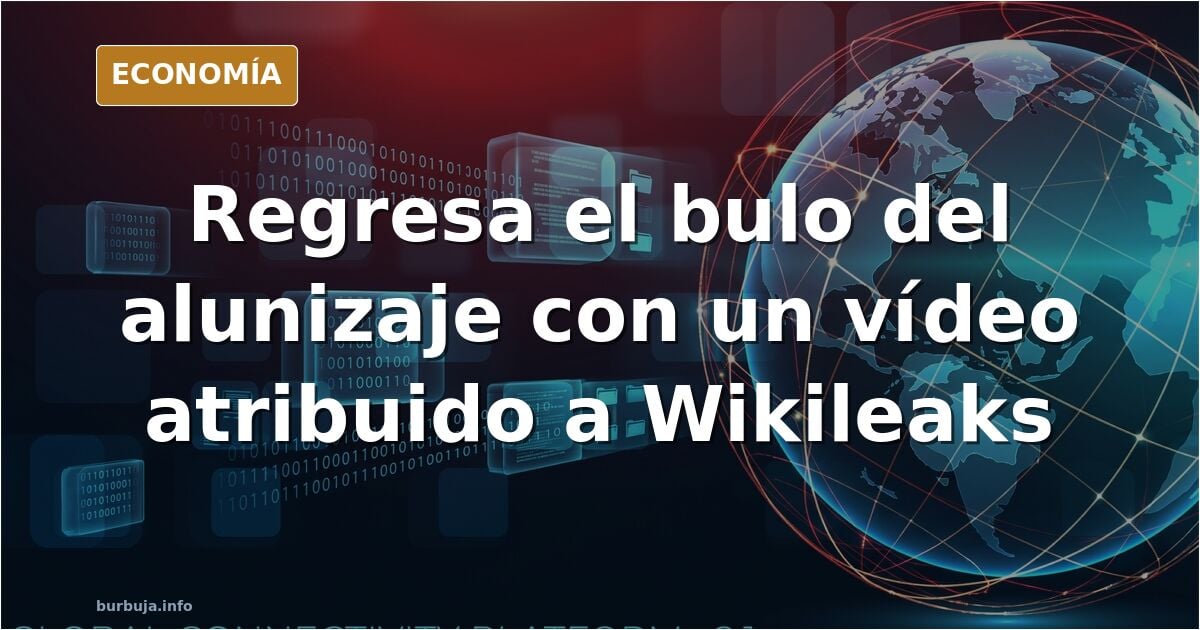 Ilustración editorial sobre el bulo del alunizaje de 1969 y el vídeo de 17 minutos atribuido a Wikileaks