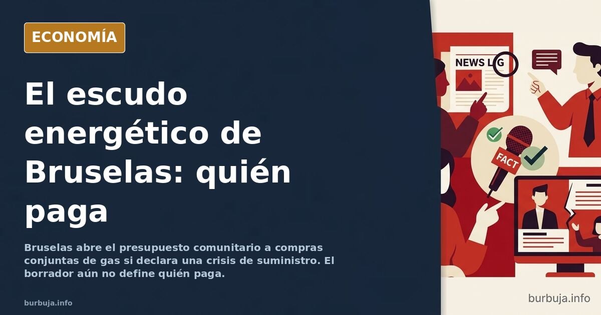 Ilustración editorial de un escudo energético europeo con gráficos financieros, gasoductos y buques metaneros en azul marino 