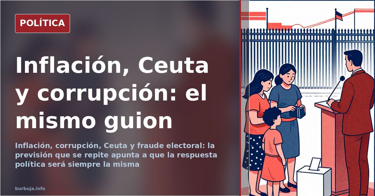 Ilustración editorial de escaños y urna bajo un guion político que se repite: inflación, corrupción y Ceuta