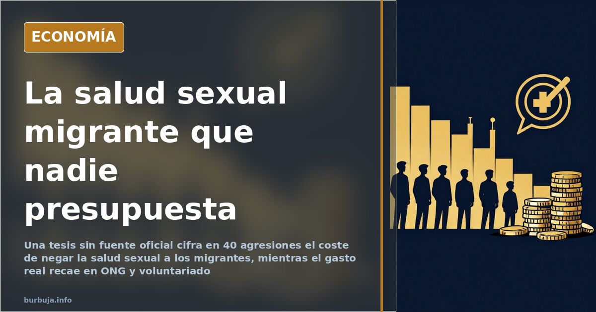Ilustración editorial con siluetas de migrantes, gráficos y monedas sobre el acceso a la salud sexual y afectiva